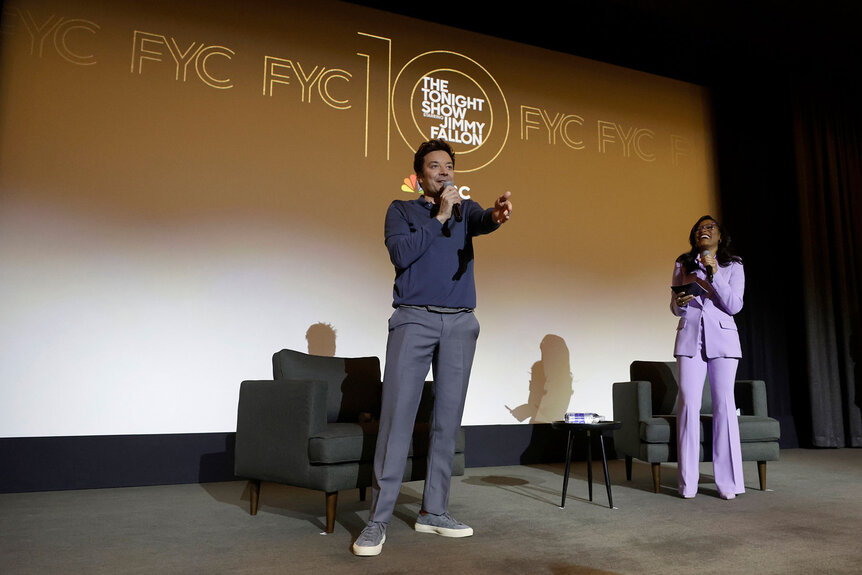 Keke Palmer and Jimmy Fallon onstage at The Tonight Show With Jimmy Fallon FYC event