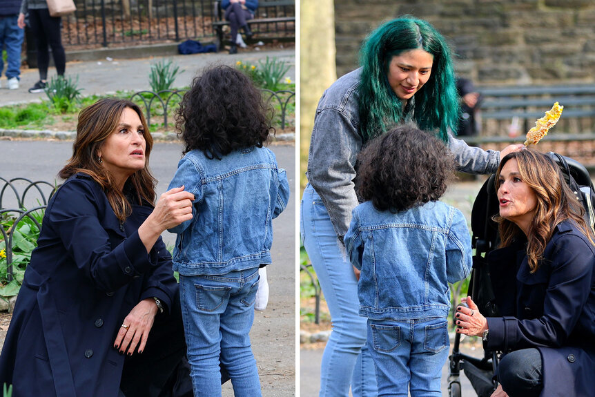 Mariska Hargitay is seen talking to a child at the Fort Tryon Playground