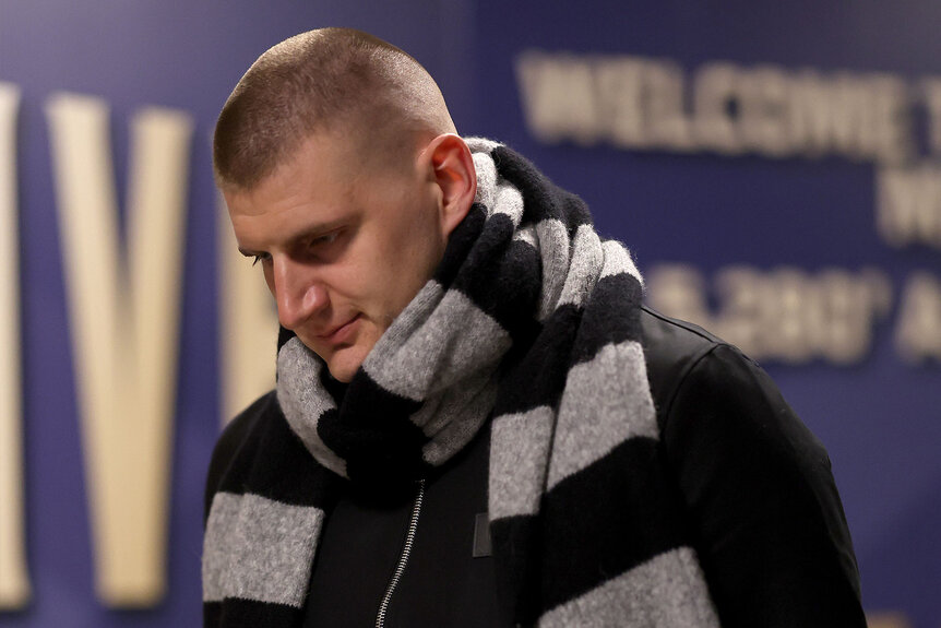 Nikola Jokic arrives to the arena before the game against the Los Angeles Lakers during Round 1 Game 1 of the 2024 NBA Playoffs