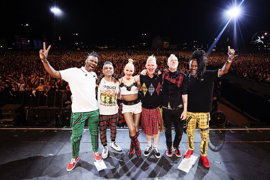 Gabrial McNair, Tony Kanal, Gwen Stefani, Adrian Young, Tom Dumont and Stephen Bradley of No Doubt pose on the Coachella Stage