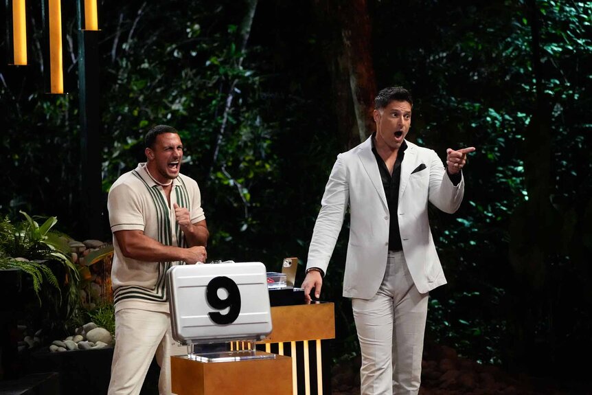 Joe Manganiello and Nicholas Grasso appear elated in Deal or No Deal Island Episode 109.
