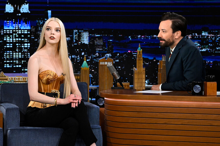 Anya Taylor-Joy appears with host Jimmy Fallon on The Tonight Show Starring Jimmy Fallon Episode 1747