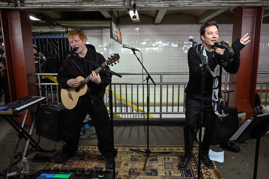 Ed Sheeran and Jimmy Fallon perform in the subway The Tonight Show Starting Jimmy Fallon Season 12, Episode 98