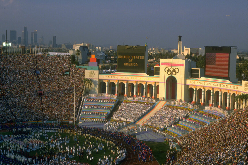 A general view of the Olympics Stadium during the opening ceremony for the 1984 Summer Olympics