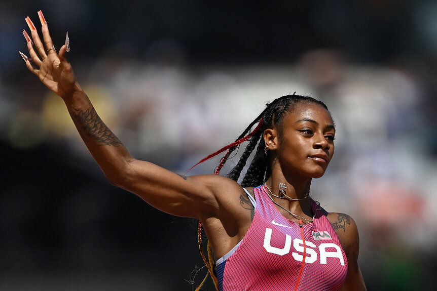 Sha'Carri Richardson of Team United States competes in the Women's 100m Heats during day two of the World Athletics Championships Budapest 2023